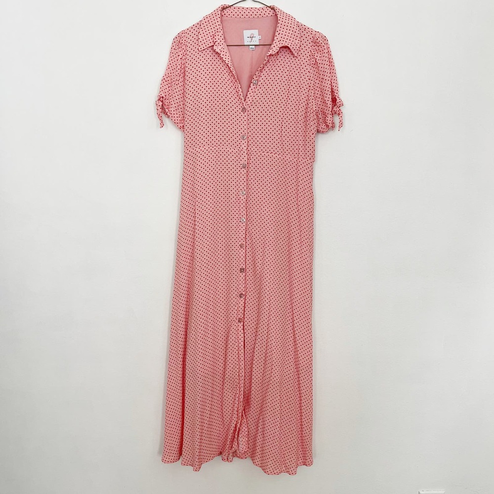 The Nines By Hatch Shirt Dress Womens Size Small Pink Red Polka Dot Button Down